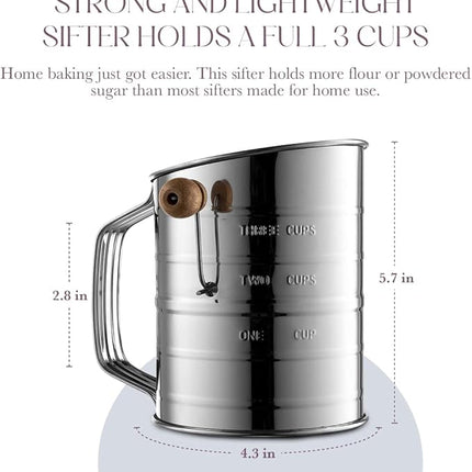 Bellemain 3 Cup Flour Sifter for Baking Fine Mesh Rotary Hand Crank with Loop Agitator for Quick Sifting, Flour Sifter Stainlees Steel