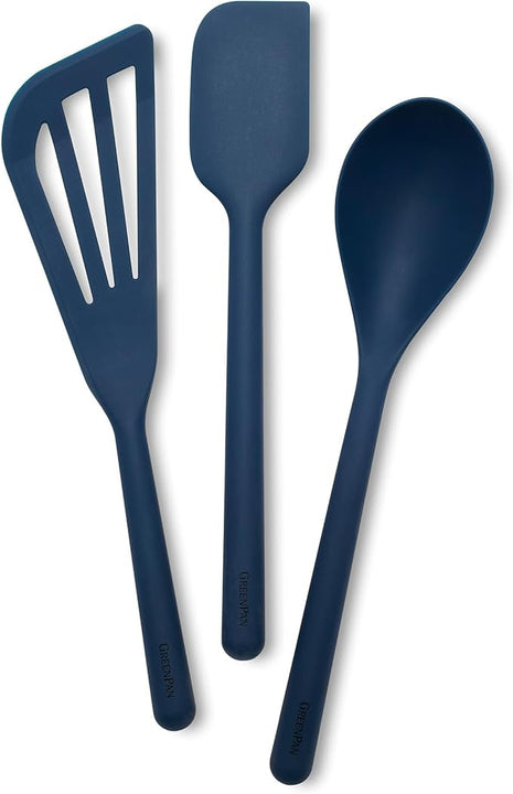 GreenPan Silicone 3 Piece Cooking Utensil Set, Fish Turner, Mixing Spatula, Solid Spoon, Flexible Nonstick Kitchen Tools Rigid Steel Core, Heat-Resistant Anti-Slip Handle BPA-Free Dishwasher Safe Blue