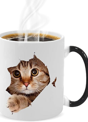 Caliamary Heat Changing Cat Mug - Funny Ceramic Coffee Cup, 11 oz Heat Sensitive Color Changing, Cute Xmas Gift for Women Men Kids