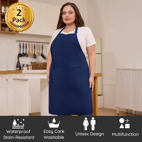 2 Pcs Plus Size Chef Apron, Unisex Professional Apron with 2 Pockets for Cooking, Work, Baking (Larger Size)