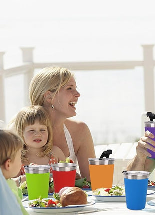 Kids Stainless Steel Cups, 12oz Kids Metal Drinking Glasses with Lids and Sleeves, Unbreakable Spill Proof Cups for Kid and Adult, Stacking Sippy Cups for Hot Chocolate & Cold Drinks 5Pack