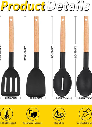 Pack of 4 Silicone Cooking Utensils Set, Non Stick Solid Spatulas and Heat Resistant Slotted Spoons with Wooden Handle, Ideal Wood Kitchen Utensils Set for Frying,Serving,Turning,Stirring (BLACK)
