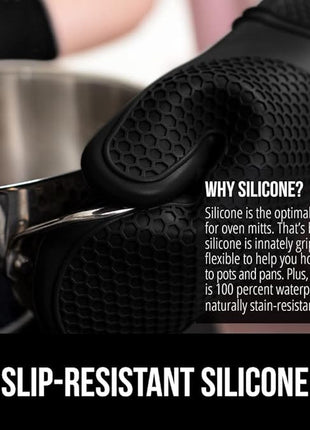 GORILLA GRIP BPA-Free Soft Silicone Oven Mitts, Heat Resistant and Waterproof Cooking Gloves, Thick Cotton Lining, Flexible Gripping, Kitchen Potholders Set, Holiday Baking Essentials, 12.5x8.3, Black