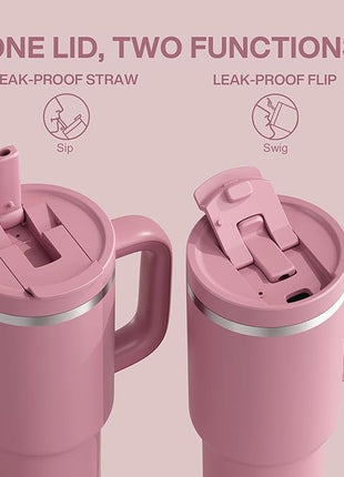 40 oz Tumbler with Handle and Straw: Stainless Steel Insulated Tumbler Keeps Cold for 24 Hours, Leakproof Travel Cup Fits in Cup Holder and BPA-Free,Turkish Rose