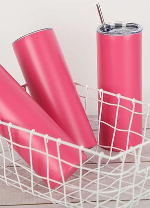4 Pack 20 Oz Straight Skinny Tumblers,Individually Gift Boxed Stainless Steel Slim Skinny Tumbler Set Bulk, 20 Oz Insulated Slim Thin Travel Tumbler Cup for Diy,Hot Pink