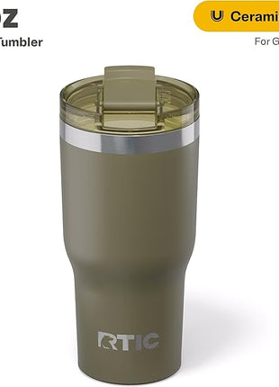 RTIC 20oz Essential Tumbler with Lid, Ceramic Lined, Insulated, Stainless Steel, Metal, Double Wall Vacuum-Insulation, Travel Cup for Iced Coffee, Tea, Hot and Cold Drink, Olive
