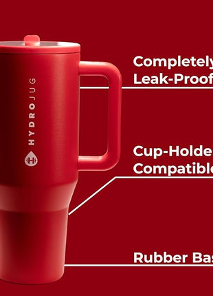 HydroJug Traveler - 40 oz Water Bottle with Handle & Flip Straw - Fits in Cup Holder, Leak Resistant Tumbler-Reusable Insulated Stainless Steel & Rubber Base - Gifts for Women & Men, Alumni Red