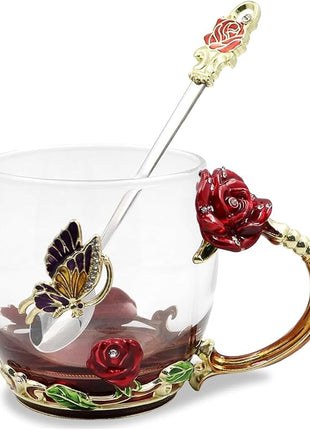 Enamels Butterfly Flower Tea Cup, Glass Coffee Mugs with Spoon, Gifts for Birthday Valentines Mothers Day Graduation Christmas, Presents for Women Wife Mom Her Grandma Girls Teacher Friends