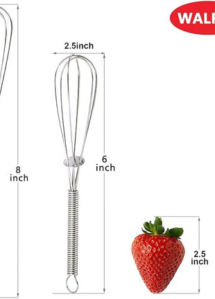 Walfos Mini Whisk,Non-Rust Whisk,304 Stainless steel Small Whisk.Heat Resistant 450℉.6+8Inch Tiny whisk Nice for Whisking, Blending Ingredients, Beating, Mixing Sauces (Silver)