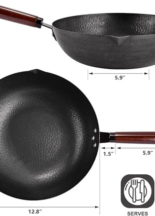 12.8" Carbon Steel Wok-11Pcs Woks & Stir Fry Pans Wok Pan with Lid, No Chemical Coated Chinese Woks with 10 Cookware Accessories, Flat Bottom Wok for Electric, Induction,Gas Stoves