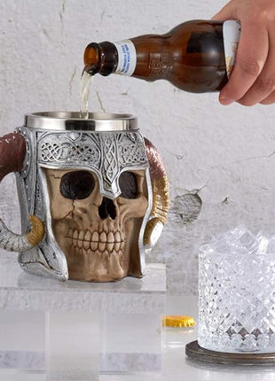 Stainless Steel Viking Skull Mug+Coaster,Double Handle Horn Skull Beer Mug Tankard, Medieval Drinkware Mug for Coffee/Beverage/Juice17oz.
