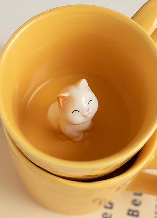 DIHOclub Cat Coffee Cup Hidden Ceramic Animal Inside Mug,Cute Cartoon Handmade Figurine Mugs,Holiday and Birthday Gift for Coffee Milk Tea Lovers,12 Oz(yellow)