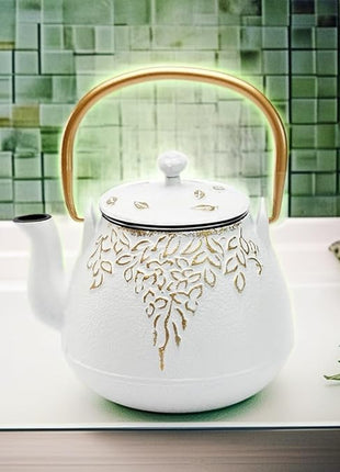 Tea Kettle, TOPTIER Japanese Cast Iron Teapot with Infuser for Loose Leaf and Tea Bags, Stovetop Safe Cast Iron Tea Kettle Coated with Enameled Interior for 40 oz (1200 ml), White