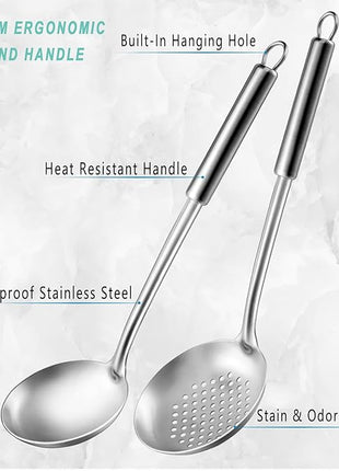 Pleafind 2-Pcs Ladle and Slotted Spoon, Soup Ladle and Strainer Spoons, Stainless Steel Cooking Spoon and Skimmer Spoons, Kitchen Utensils, Wok Utensils for Home and Restaurant, Dishwasher Safe