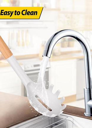 Silicone Pasta Fork and Ladle Spoon Set with Wooden Handle, Heat Resistant Non Stick Kitchen Utensils for Cooking, Stirring, Serving Spaghetti, Soup, Sauce(WHITE)