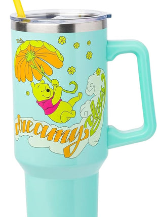 Silver Buffalo Disney Winnie the Pooh “Dreamy Days” Retro Art Stainless Steel Tumbler with Handle and Straw, Fits in Standard Cup Holder, 40 Ounces