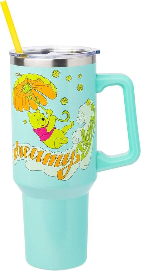 Silver Buffalo Disney Winnie the Pooh “Dreamy Days” Retro Art Stainless Steel Tumbler with Handle and Straw, Fits in Standard Cup Holder, 40 Ounces