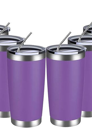 MEWAY 20oz Tumbler 8 Pack Double Wall Vacuum Insulated Travel Mug Bulk, Stainless Steel Tumblers with Lid and Straw, Durable Powder Coated Coffee Cups for Cold & Hot Drinks (Purple, 8)