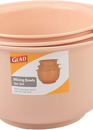 GLAD Mixing Bowls with Pour Spout| Nesting Design Saves Space | Non-Slip, BPA Free, Dishwasher Safe Plastic | Kitchen Cooking and Baking Supplies, Blush, 3 piece set