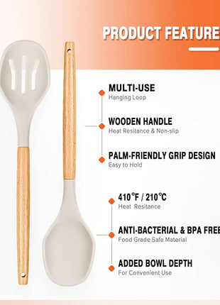 Large Silicone Cooking Spoons, 2 Pack Nonstick Solid and Slotted Wooden handle Spoon Set, Heat Resistan Silicone Kitchen Spoons for Cooking, Serving, Basting, Mixing (Khaki)