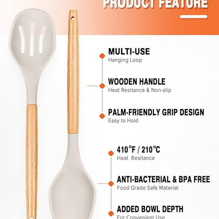 Large Silicone Cooking Spoons, 2 Pack Nonstick Solid and Slotted Wooden handle Spoon Set, Heat Resistan Silicone Kitchen Spoons for Cooking, Serving, Basting, Mixing (Khaki)