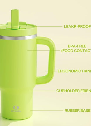 32 oz Tumbler with Handle and Straw: Stainless Steel Insulated Tumbler Keeps Cold for 24 Hours, Leakproof Travel Cup Fits in Cup Holder and BPA-Free,Sharp Green