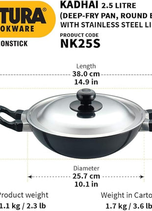 Hawkins Futura Nonstick Kadhai 2.5 L, 26 cm, 3.25 mm with SS lid (Black)