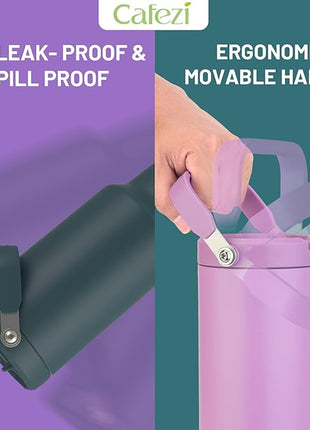 50oz Insulated Tumblers, Stainless Steel Water Bottles with Flip Straw and Top Handle, Leak Proof, No Sweat, Fits in Cup Holder, Vacuum Insulated Cup for Home, Office, Outdoors, Car