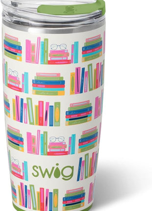 Swig Life 22oz Insulated Tumbler, Travel Coffee Tumbler with Lid, Cup Holder Friendly Travel Coffee Mug, Stainless Steel, 22 oz Tumblers, Reusable Insulated Mug with Lid (Book Club)