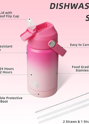 BJPKPK Insulated Water Bottle with Straw Lid, 12oz Thermo Water Bottles with Soft Nozzle, Flex Handle & Non-slip Boot, BPA Free Leak Proof Stainless Steel Metal Thermo, Tumblers, Cups,Cherry