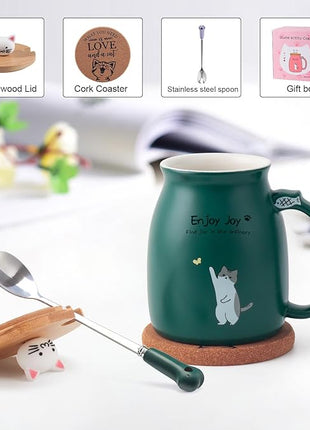 Cute Cat Cup Ceramic Coffee Mug with Kawaii Cat Wooden Lid, Lovely Stainless Steel Spoon, Anime Kitty Thicken Wooden Coaster, Christmas Birthday Cute Thing Japanese Mug 16oz (Green)