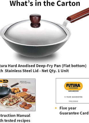 Hawkins Futura 2.5 Litre Deep Fry Pan, Long Handle Hard Anodised Kadai with Stainless Steel Lid, Flat Bottom Kadhai, Black (ADL25S)
