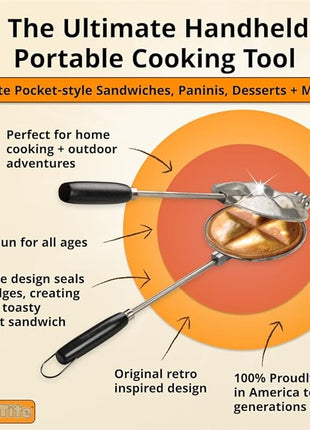Handheld Sandwich Maker (Tid Bit), Portable Sandwich Grill & Panini Press, Cast Aluminum Pie Iron, 1945 Retro Stovetop & Campfire Toaster for Hot Sandwiches, Pies, Paninis, RV & Camping