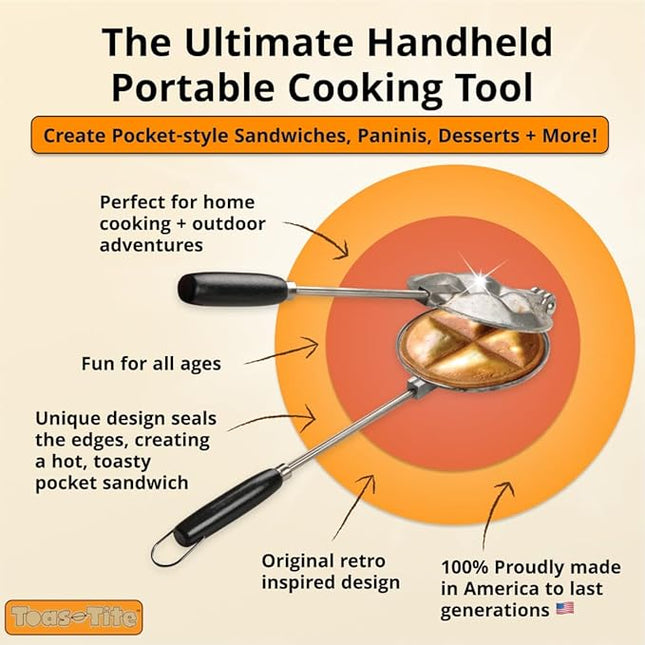 Handheld Sandwich Maker (Tid Bit), Portable Sandwich Grill & Panini Press, Cast Aluminum Pie Iron, 1945 Retro Stovetop & Campfire Toaster for Hot Sandwiches, Pies, Paninis, RV & Camping