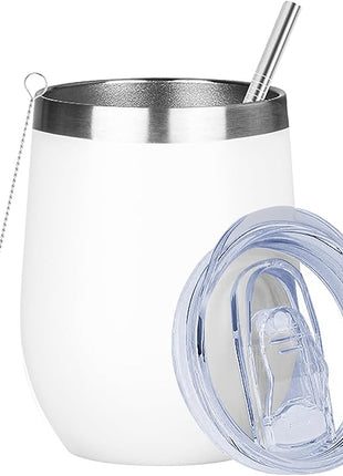 MEZMUT 12 Oz Insulated Wine Tumbler with Lid Double Wall Vacuum Stainless Steel Wine Glass Coffee Mug Insulated Tumbler Cup for Champaign, Cocktail, Beer (White, 1 Pack)