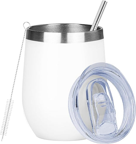 MEZMUT 12 Oz Insulated Wine Tumbler with Lid Double Wall Vacuum Stainless Steel Wine Glass Coffee Mug Insulated Tumbler Cup for Champaign, Cocktail, Beer (White, 1 Pack)