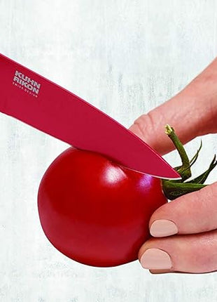 Kuhn Rikon Straight Paring Knife with Safety Sheath, 4 inch/10.16 cm Blade, Red, Yellow & Blue (Pack of 1)