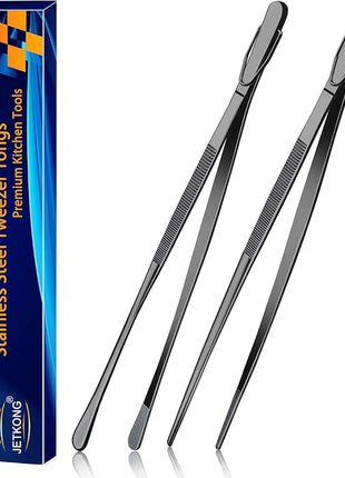 JETKONG 2 Pcs 12-Inch Food Tweezer Tongs, Stainless Steel Kitchen Tweezer Cooking Tweezers (Black)
