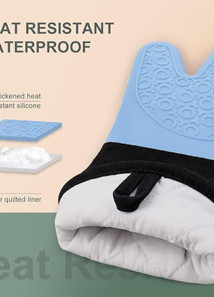 sungwoo Extra Long Silicone Oven Mitts, Heat Resistant Oven Gloves with Quilted Liner Non-Slip Textured Grip Perfect for BBQ, Baking, Cooking and Grilling - 1 Pair 14.6 Inch Sky Blue & Black