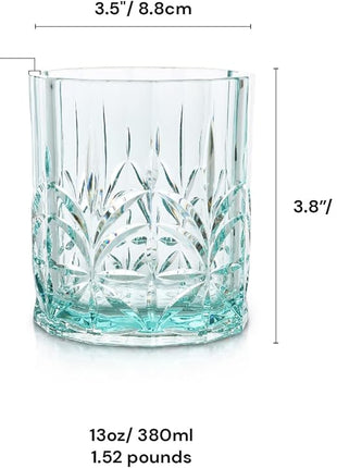 BELLAFORTE Shatterproof Tritan Plastic Short Tumbler, Set of 4, 13oz - Myrtle Beach Unbreakable Crystal Cut Old Fashioned Drinking Glasses for Whiskey - BPA Free - Dishwasher Safe - Teal