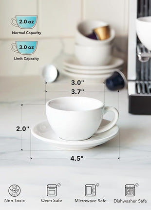 LE TAUCI 3 oz Espresso Cups with Saucers, Demitasse Coffee Cup for Shot, Lungo, Ristretto - 3 inch, Set of 4, White