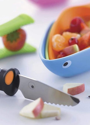 Kuhn Rikon Kinderkitchen® Kids Chef Knife, Serrated, 6", Black | Cutting Tool Made for Real Cooking | Child Friendly Dog Design With Hand Guard For Safety