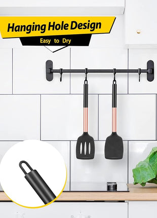 Pack of 2 Silicone Solid Turner, Non Stick Slotted Kitchen Spatulas, High Heat Resistant BPA Free Cooking Utensils, Ideal Cookware for Fish, Eggs, Pancakes(Rose Gold Black)