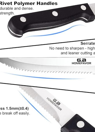 G.a HOMEFAVOR Steak Knife Set Stainless Steel, 8 Pieces Full Tang Sharp Serrated Knives Cutlery Set, Black