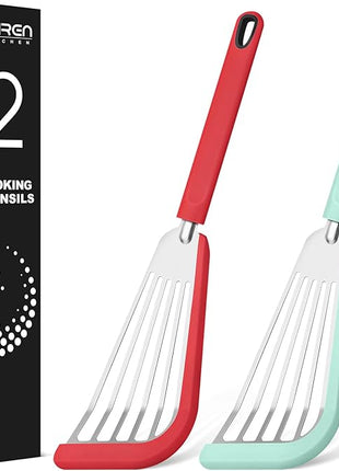 Silicone Fish Spatula Turner Set of 2, Thin Slotted Spatulas Turner for Nonstick Cookware,Heat Resistant Flexible Stainless Steel Kitchen Cooking Spatula Flipper for Fish, Egg, Pancake (RGN)