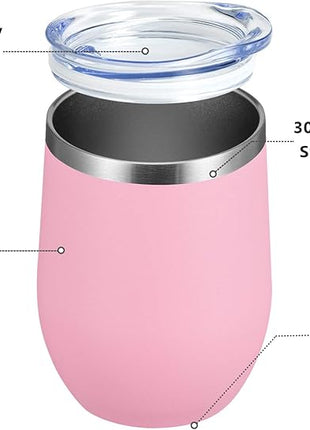 MEWAY 12 OZ/8 Pack Wine Tumbler Glasses with Lid - Stemless Double Wall Vacuum Stainless Steel Travel Tumbler - Keeping Cold & Hot for Wine,Coffee,Cocktails,Drinks-Family and Gifts (Pink,Set of 8)