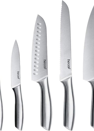 hecef Silver Kitchen knife set of 5, Satin Finish Blade with Hollow Handle, includes 8" Chef, 8" Bread, 8" Santoku, 5" Utility and 3.5" paring knife
