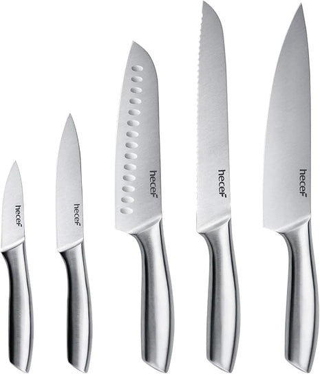 hecef Silver Kitchen knife set of 5, Satin Finish Blade with Hollow Handle, includes 8" Chef, 8" Bread, 8" Santoku, 5" Utility and 3.5" paring knife