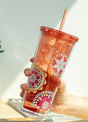 bzyoo SIP 24oz (710ml) Double Wall Plastic Tumbler with Lid and Straw Cold Drink Travel Mug Reusable Party Cup Perfect for Ice Coffee, Tea Office Poolside Parties Gifts Color: Medallion Orange