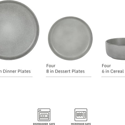 Gibson Elite Pasco 12 Piece (Service for 4) Plates and Bowls Reactive Glaze Dishes Stoneware Ceramic Dinnerware Set - Grey